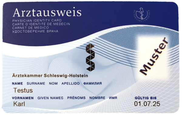 Abbildung Vorderseite Muster-Arztausweis der Ärztekammer Schleswig-Holstein